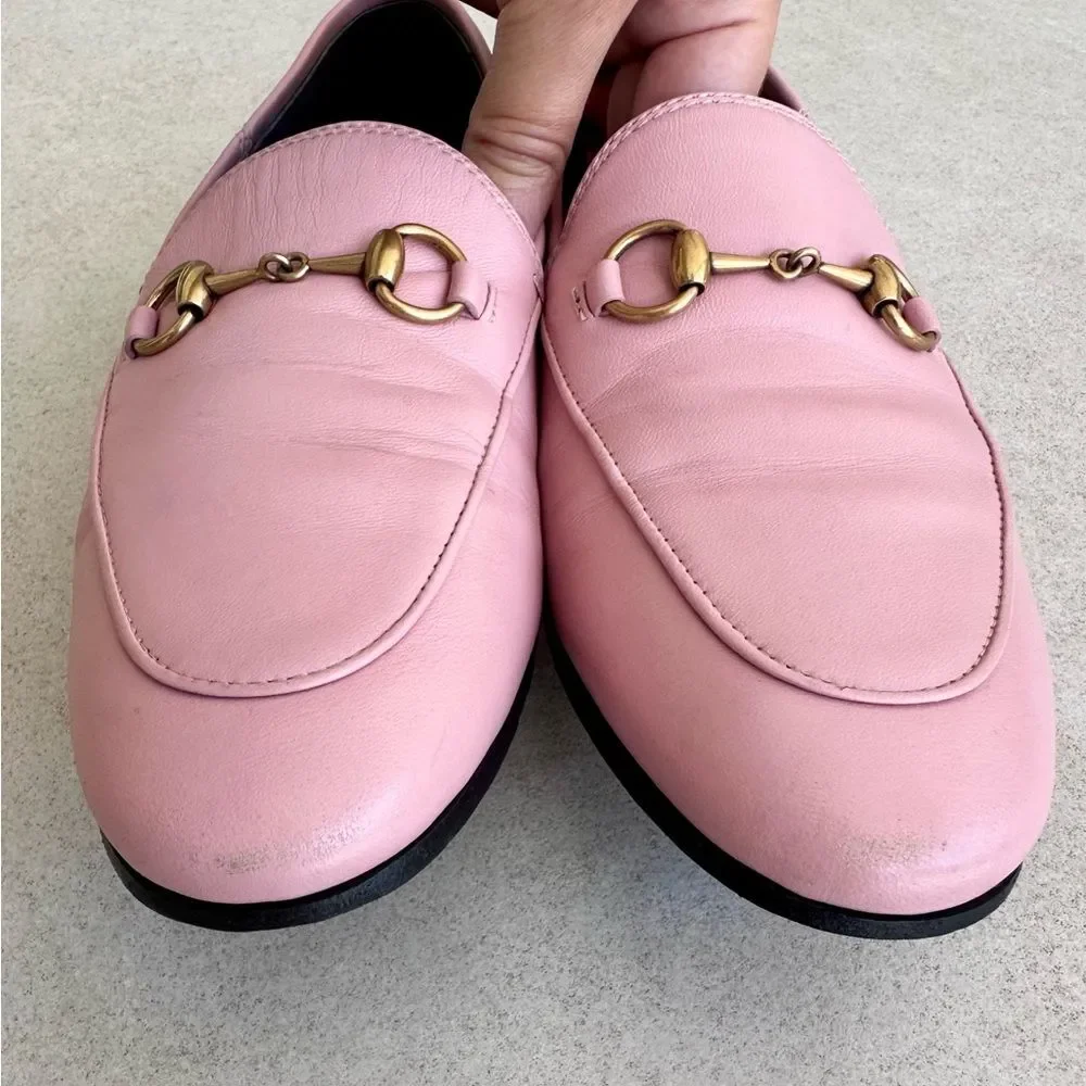 Gucci Brixton Horsebit Loafer Pink Leather Driving Flat Mule Jordaan EU 37 US 7